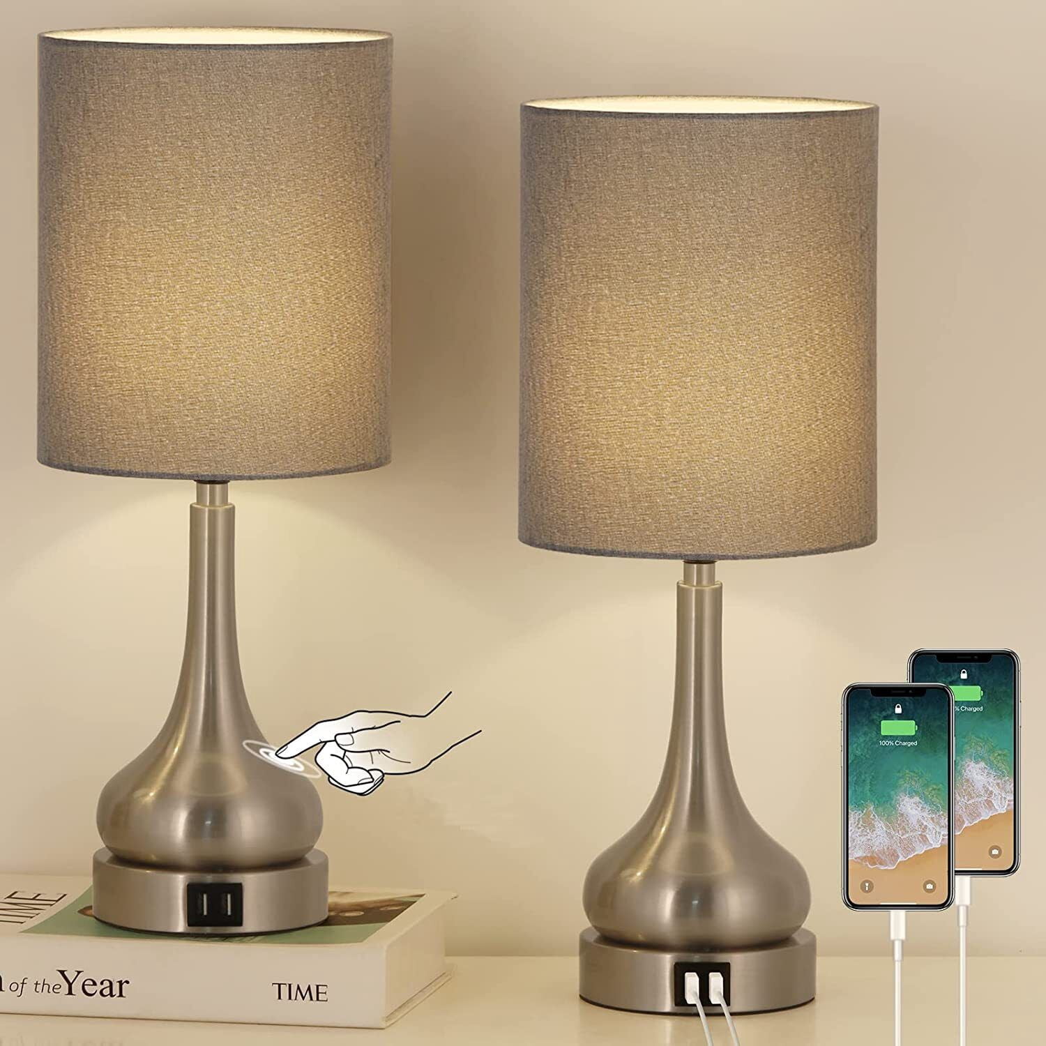 Bedroom Touch Bedside Lamps Set of 2 Table Lamp with Dual USB and AC Outlet Gary