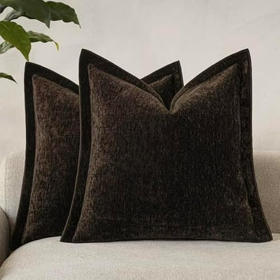 1997 Decorative Chenille Luxury Throw Pillow Covers with Wide Edge, Textured Solid Pillowcases, Soft Velvet Cushion Cover Home Décor for Couch Sofa Living Room,20×20 Inch, Set of 2, Dark Brown