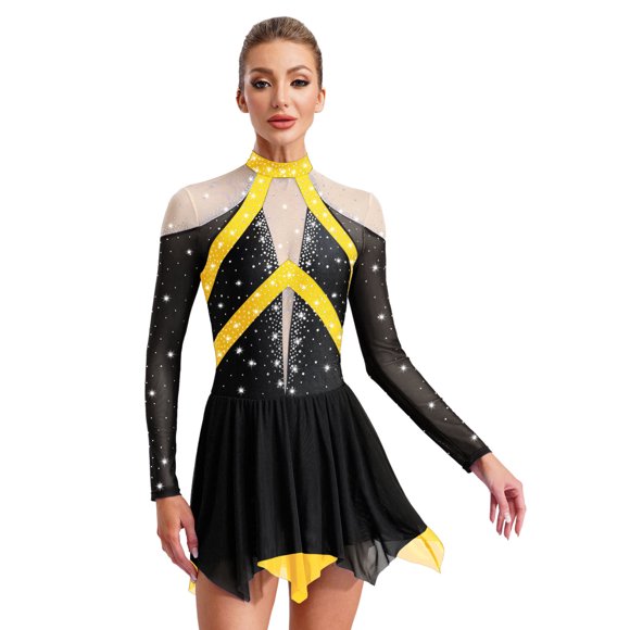 Raenseen Womens Rhinestones Figure Ice Skating Ballet Dance Dress Asymmetrical Skirted Lyrical Dance Costume Black L