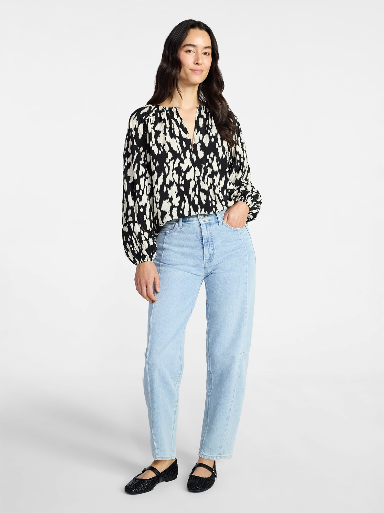 Time and Tru Women's Peasant Blouse with Long Sleeves, Sizes XS-XXXL