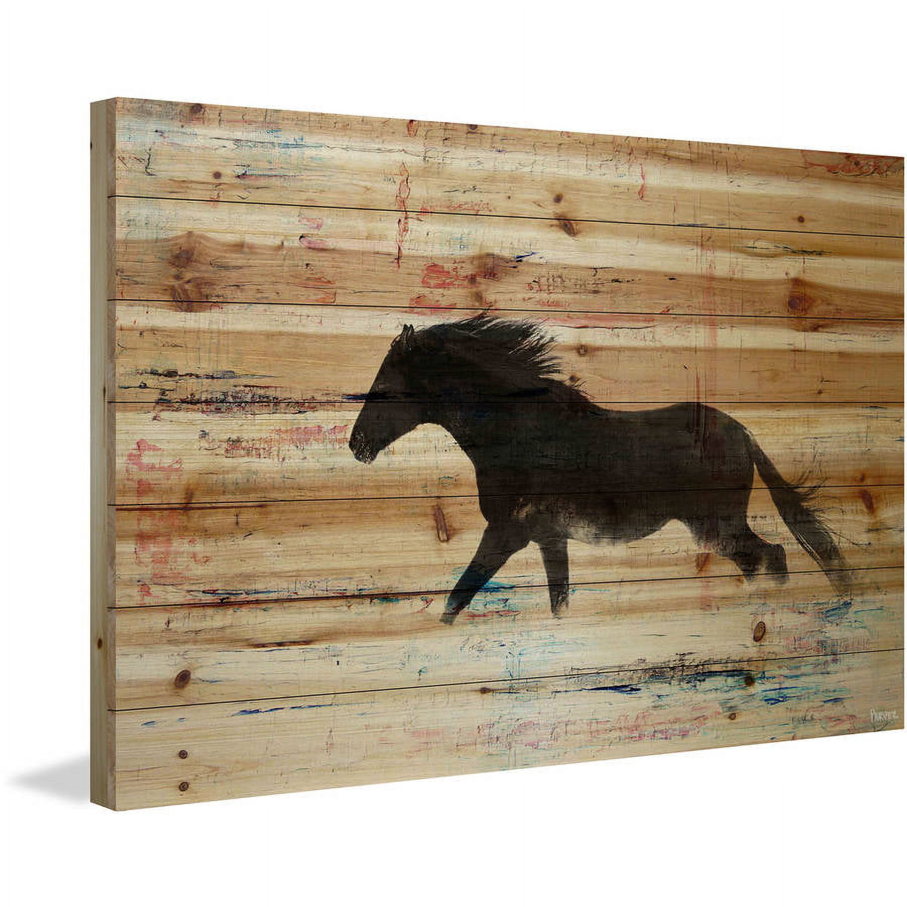 "Black Horse Stride" Painting Print on Natural Pine Wood
