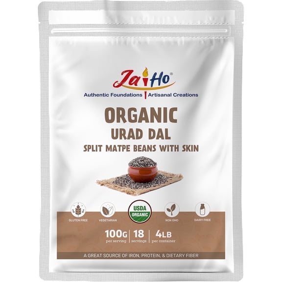 Jai Ho Certified Organic Urad Whole Dal (Matpe Beans) with Skin 4 lb - USDA Organic | Non-GMO | Chemical-Free | Kosher | (Urad Whole Dal (Matpe Beans Skin))