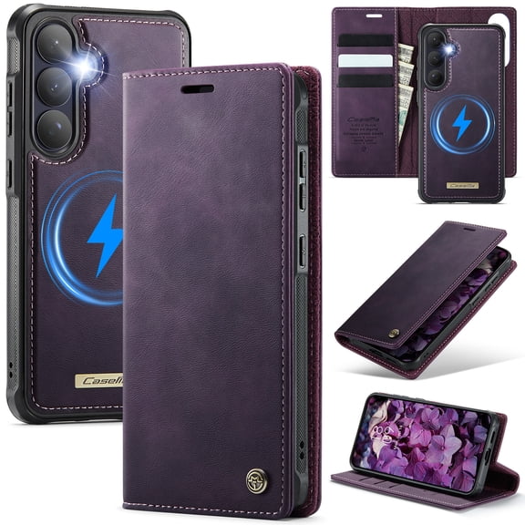 TECH CIRCLE For Samsung Galaxy S26 Full Body PU Leather TPU Wallet Case with 2 in 1 Detachable Cash & Credit Card Slots Lightweight Shockproof Compatible with MagSafe Cover,Purple