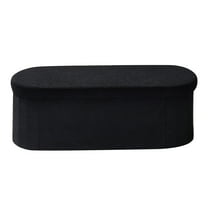 KFFKFF Oval Storage Ottoman Bench, Foldable Teddy Fleece Upholstered Bench with Spacious Storage, Supports 660 lbs, Ideal for Living Room, Bedroom, or Entryway, Black