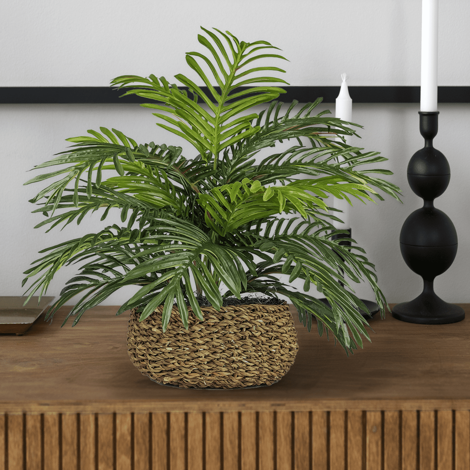 Artificial Plant, 14" Artificial Phoenix Palm in Low Round Handwoven Basket by LCG Florals, Faux Designer Fake Indoor Tabletop Plant for Living Room, Office, and Home Décor