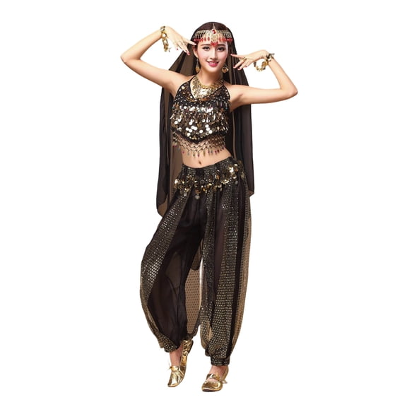 SJLDQY Carnival Womens Belly Dance Dress Up Sexy Sequined Tops Lace Mesh Pants Outfits Party Stage Performance Clothes Set