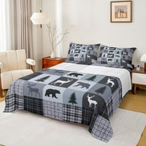 Feelyou Rustic Farmhouse Bear Queen Sheet Sets, Reindeer Moose Wildlife Flat Sheet, Grey Blue Square Plaid Queen Fitted Sheet, Microfiber Bedroom Decor, 4-Piece