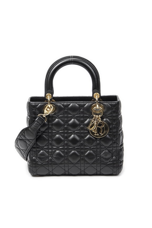 Pre-Owned Dior Black Medium Lady Dior Zip Shoulder Bag Cannage Lambskin Leather