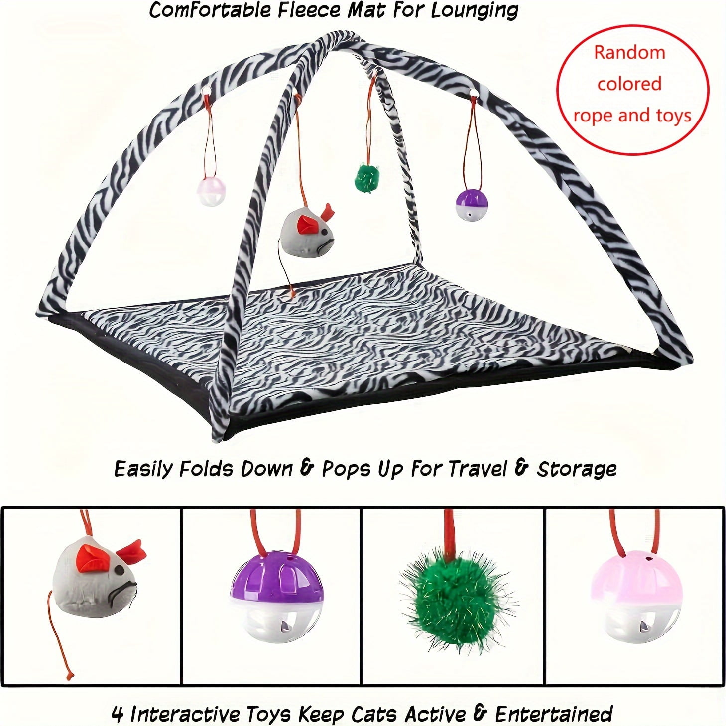 Interactive cat toy rocking activity mat for playing with cats, featuring a scratching area, hanging toys, and rolling balls