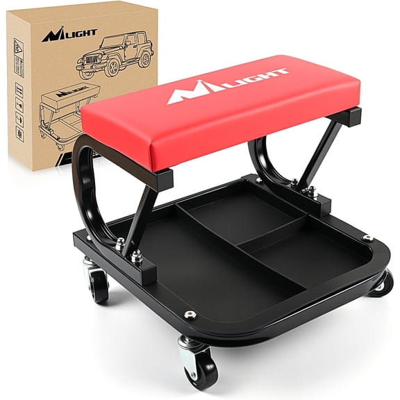 Nilight Rolling Mechanic Seat, 250 LBS Capacity Padded Mechanic Stool with Tool Tray Storage, Auto Repair, Red