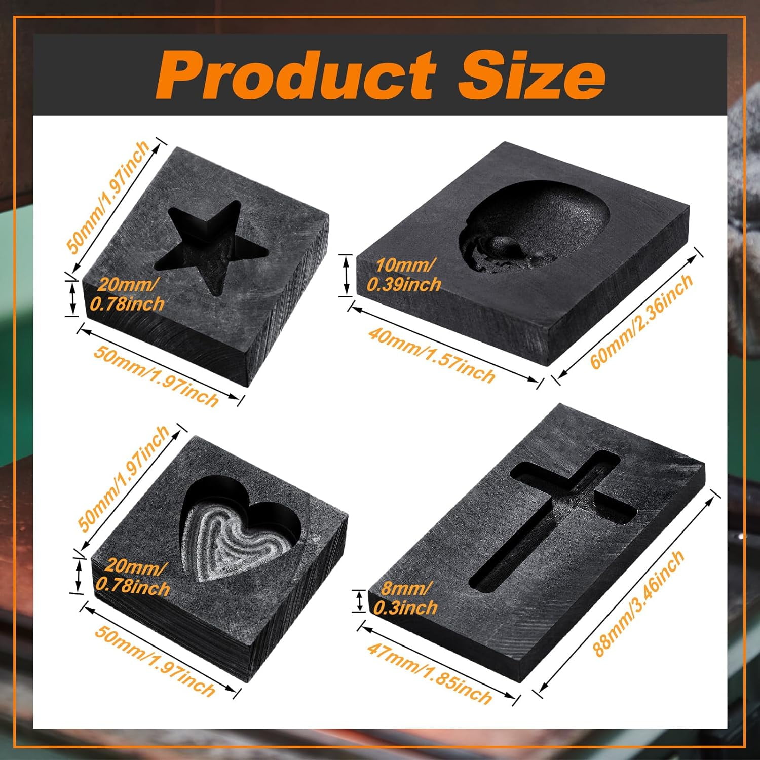 4 Pcs Graphite Casting Ingot Molds Heart Star Skull 3D Cross Refining Scrap Melting Casting Mold for Smelting Gold Silver Metal Aluminum Copper Brass Zinc