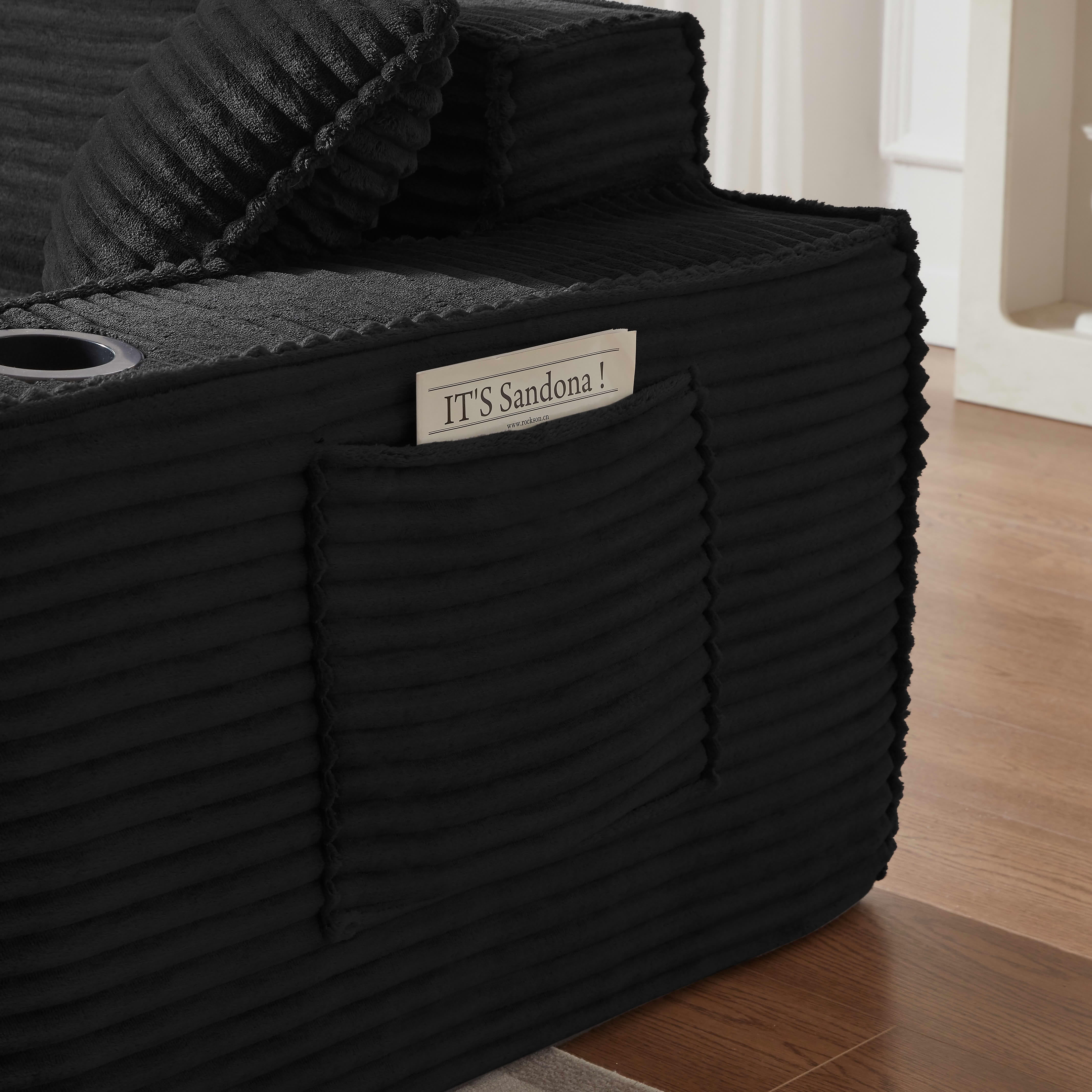 MAYEERTY Minimalist Corduroy Couch, 1-Seater Boneless Sofa with Side Pockets & Cup Holders for Apartments/Offices, Black