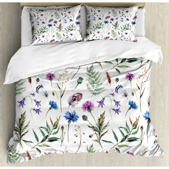 Thistle Queen Size Duvet Cover Set, Spring Theme Hand-Drawn Aquarelle Style Wildflowers Pattern on White Background, Decorative 3 Piece Bedding Set with 2 Pillow Shams, Multicolor, by Ambesonne