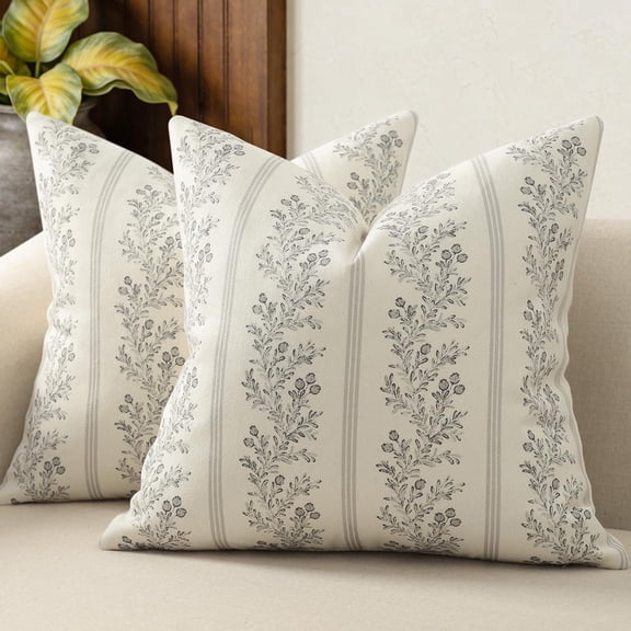 GlamourGaze Vintage Throw Pillow Covers 18x18 Set of 2 Striped Floral Botanical Patterned Cushion for Sofa Couch Bed Living Room Modern Farmhouse