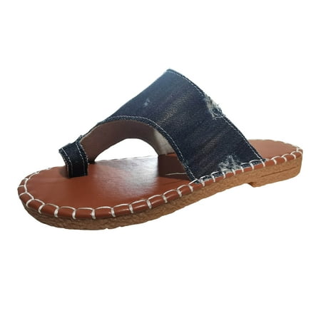 OJSFQUFP Women Shoes Casual Women Summer Denim Slip On Casual Open Toe Flat Soft Bottom Breathable Slippers Shoes Sandals Gifts for Older Women Over 70 Blue 42