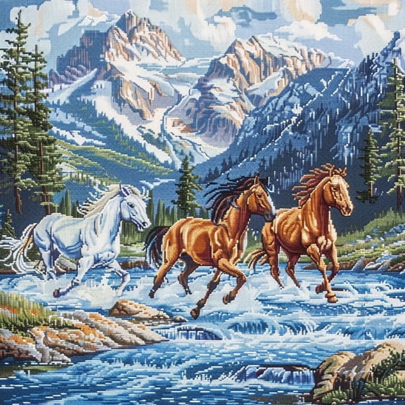 Horses Running on Mountain River DIY 11CT Stamped Cross Stitch Kits for Beginners Easy Needlepoint Embroidery Counted Cross Stitch Art Craft for Wall Decoration 14x14inch(1)