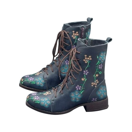 

SIMANLAN Womens Winter Boots Lace Up Combat Boot Side Zip Ankle Booties Ladies Mid Calf Shoes Women Floral Blue 6.5