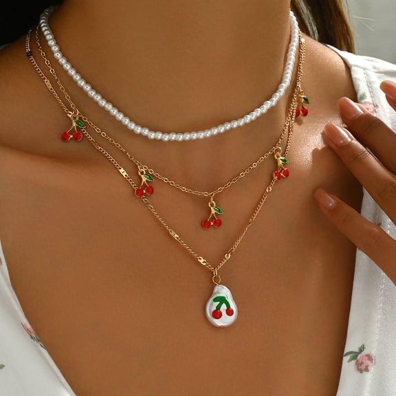 NICKSUN Vintage Pearl Cherry Pendant Necklace for Women,Exquisite Fruit White Beaded Statement Necklace,Trendy Party Banquet Jewelry Accessories Gift