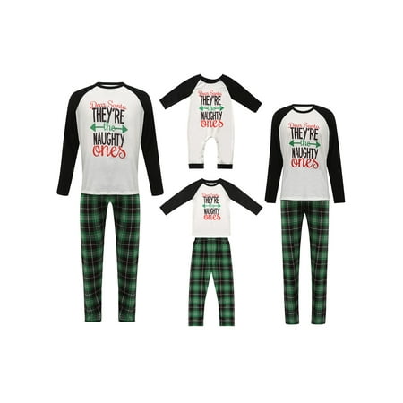 

Gwiyeopda Matching Family Christmas Pajamas Long Sleeve Letter Raglan Tops + Plaid Pants Set Nightwear