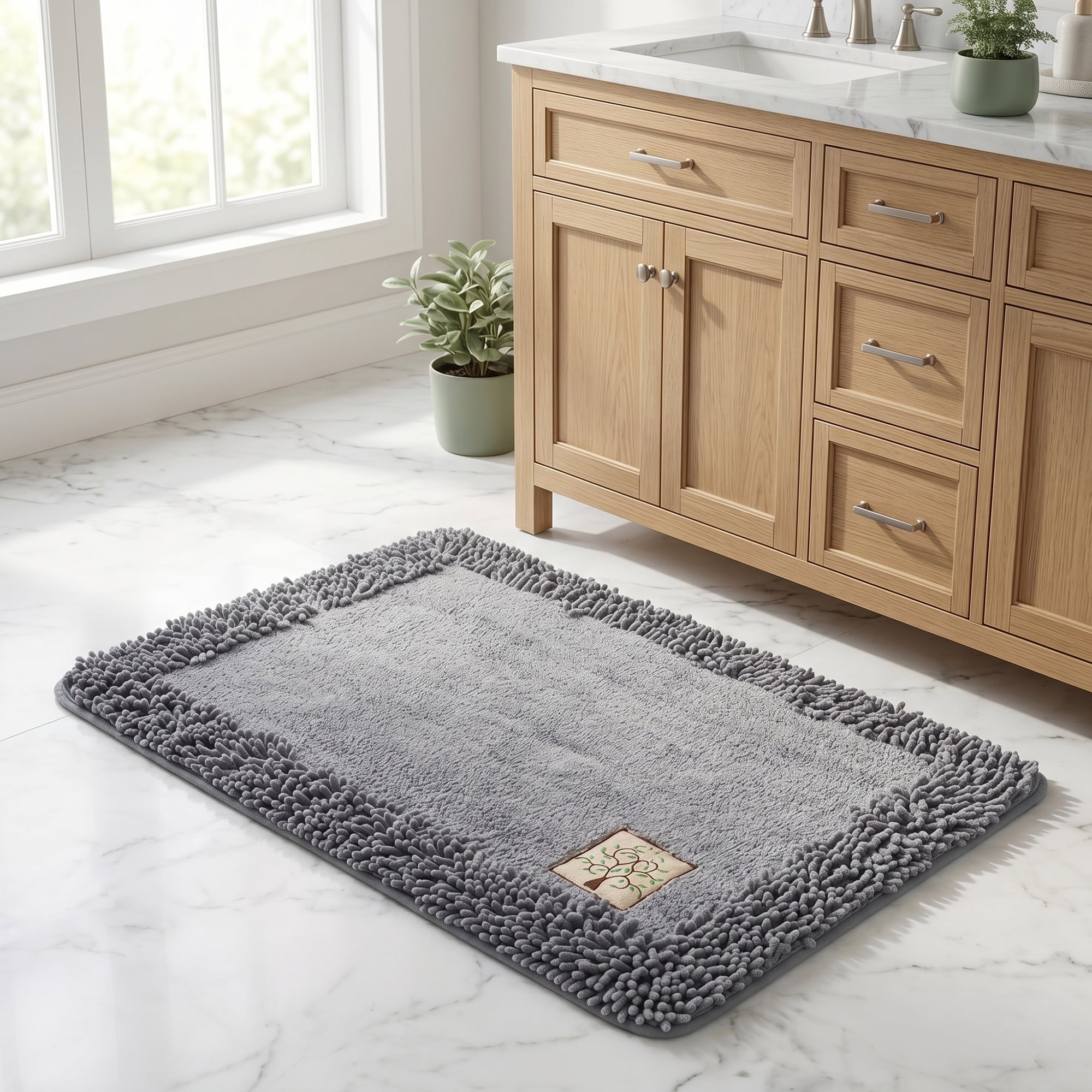 Unique Bargains Chenille Non Slip Bath Mat Ultra Soft Absorbent Shower Rug Grey 32" x 20"