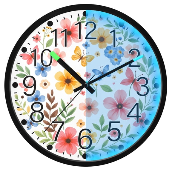 Ryvnso Butterfly Floral Wreath 12 Inch Night Light Wall Clock Silent Battery Operated Luminous Clocks