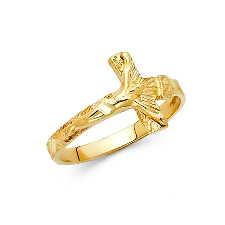 Rembrandt Cross Charm Solid 14k Yellow Gold Jesus Crucifix Ring Religious Cross Charm Diamond Cut Style Polished 13MM Size 7.5 ()