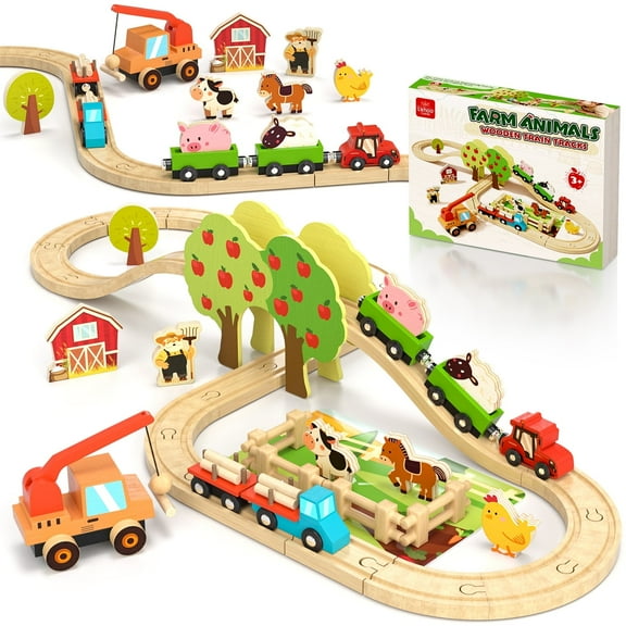 Train Set, Wooden Train Set for Kids, Train Toys for Toddlers, Toy Train with Train Tracks, Wooden Farm Toys for Kids 2 3 4 5 Years Old, Great Gift for Boys Girls - Compatible with Other Brands