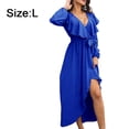 thumbnail image 2 of Vestido cruzado con falda larga y vuelo, sexy, con cuello en V, manga larga, con lazo en la cintura, informal, para mujer - azul, 2 of 7