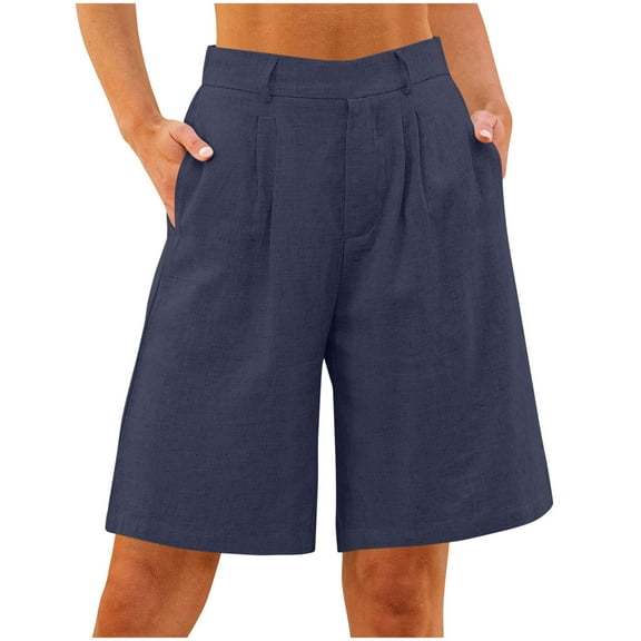Womens Bermuda Shorts Knee Length Shorts Women Summer Linen Casual Solid Color Loose Straight Shorts with Pockets Five Quarter Pants Elegant Shorts