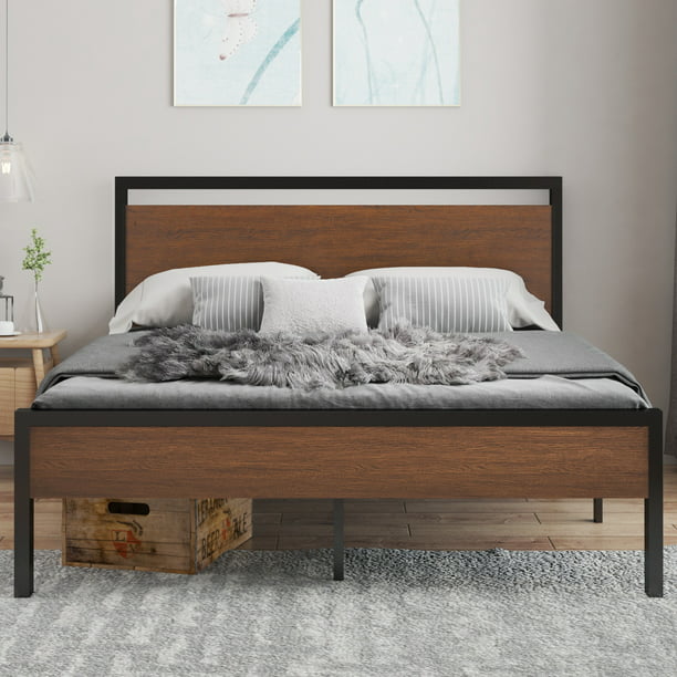 Allewie Walnut King Size Platform Bed, Vintage Metal King Size Bed Headboard