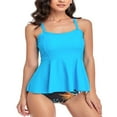 thumbnail image 1 of AMERTEER Summer Ladies Split Swimwear Set  Solid Color Flouncing Camisole + Leaves Printing Mid Waist Shorts Large Size Swimsuit, 1 of 7