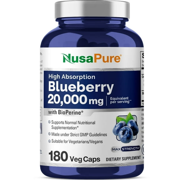 NusaPure 20,000mg Blueberry Concentrate: 180 Veggie Powder Capsules (30:1 Extract, 100% Vegetarian, Non-GMO Dietary Supplement for Unisex Adult Health & Wellness