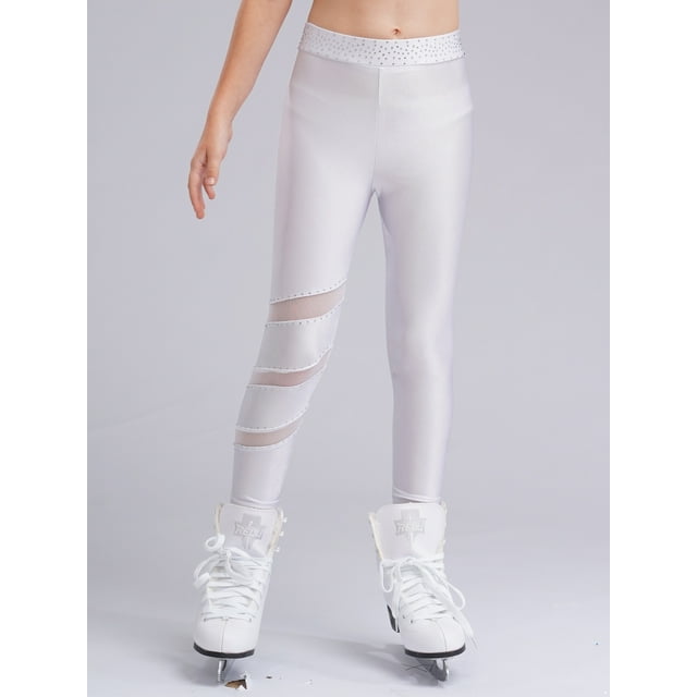 Runhomal Kids Girls Figure Skating Pants Sparkly Rhinestones Close-fitting Leggings High Waist Training Competition Tights Sheer Mesh Patchwork White 16