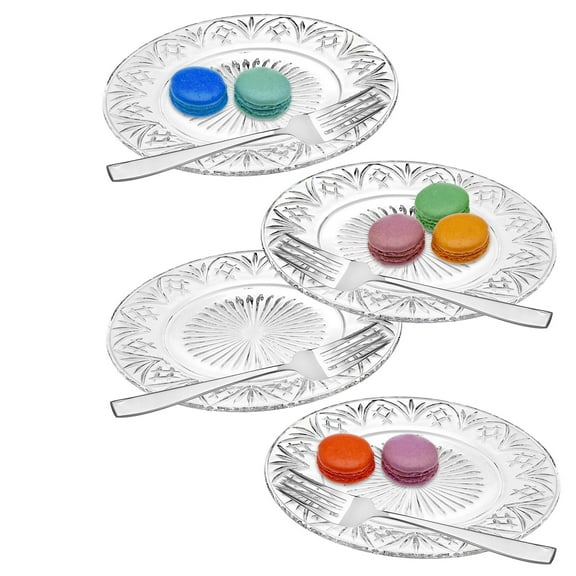 Godinger Dublin Dessert Plates and Forks, Appetizer & Salad Plates with Utensils - Set of Four - Clear Crystal, 7in