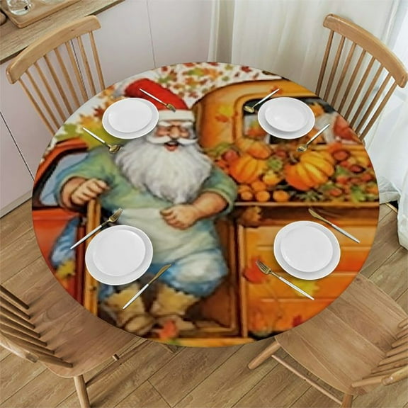HAOXIT Fitted Round Tablecloth Watercolor Thanksgiving ,Fall Pumkins Table cover,Elastic Edged Table Cloth Fits Round Tables 31-35