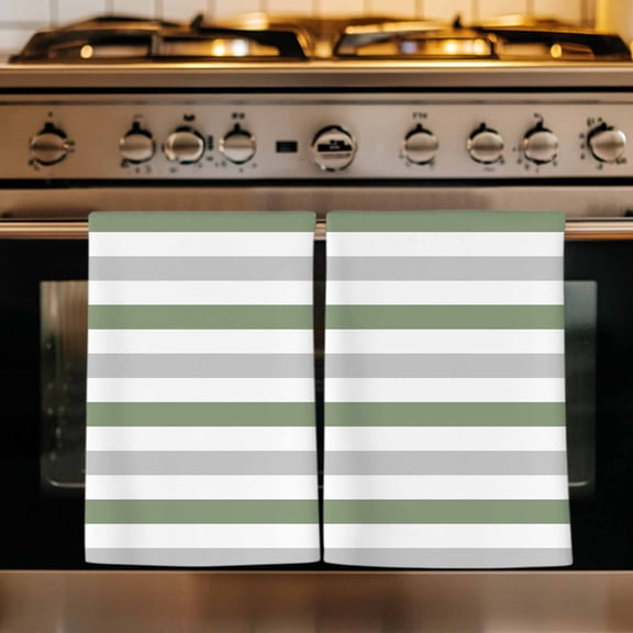 Sage Green Grey Stripe Kitchen Towels Set of 2, Farmhouse Watercolor Modern Geometric Absorbent Dish Towels for Kitchen, Microfiber Hand Towel, Quick Drying Tea Towel for Cleaning Dishcloths
