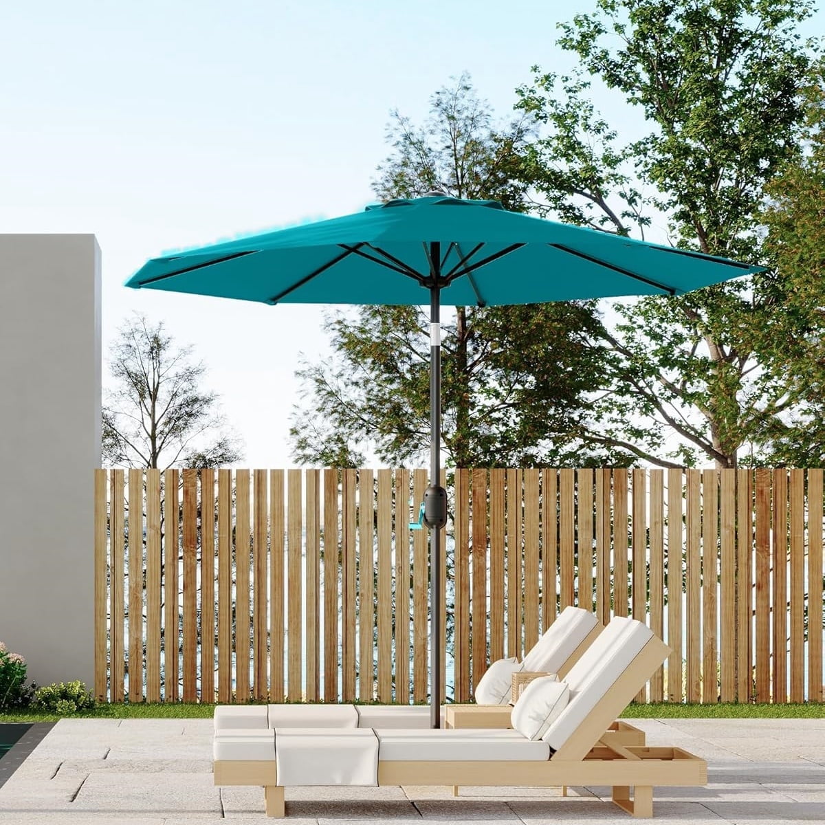 Memoryfield 9FT Patio Market Umbrella with Crank Handle, Outdoor Table Octagon Umbrella with 8 Steel Ribs for Yard Poolside Deck, Turquoise Blue