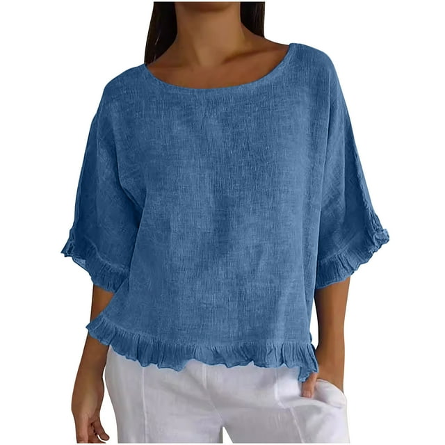 Plebaso Women's Cotton Linen T-Shirts Ruffle Sleeve Crew Neck Tee Shirts Solid Color Lightweight Tees Tops
