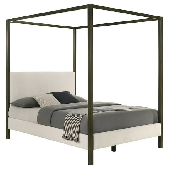 FurniFact Queen Size Canopy Bed Frame with Upholstered Panels in Vanilla Finish