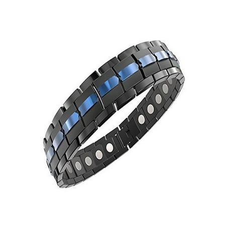 Mens Black Rosary Bracelet Mens Magnetic Titanium Bracelet Carbon Black Blue for Arthritis and Carpel Tunnel, Size Adjuster, Gift Box (7.5) ()