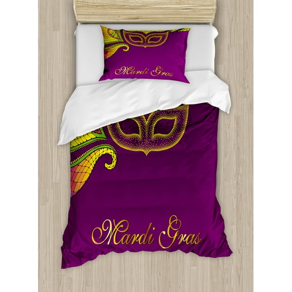 Mardi Gras Duvet Cover Set, Colorful Lace Style Corner Ornaments Calligraphy and Dotted Design, Decorative 2 Piece Bedding Set with 1 Pillow Shams, Twin Size, Purple Yellow Green, by Ambesonne