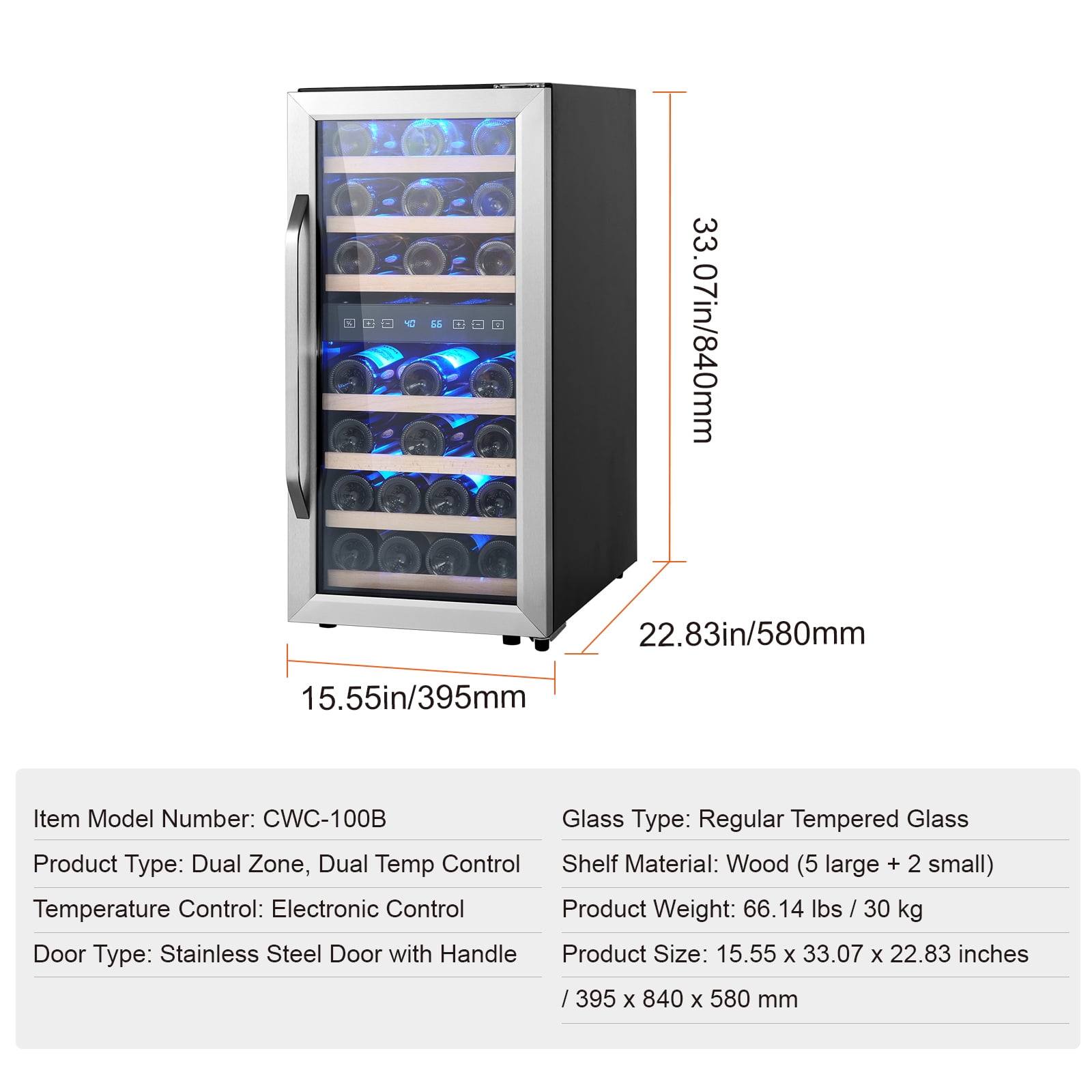 KFFKFF Wine Refrigerator Cooler 33Bottle Small Wine Fridge Dual Zone Temperature Control Mini Freestanding Wine Cellars for Home, Office