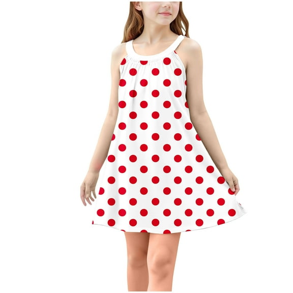QTOCIO Toddler Girls Dresses, Baby Girl Summer Clothes, Kids Girls Cute Round Print Sleeveless Camisole Dress A Line Suspenders Wrinkle Dress, Red, 5 Years