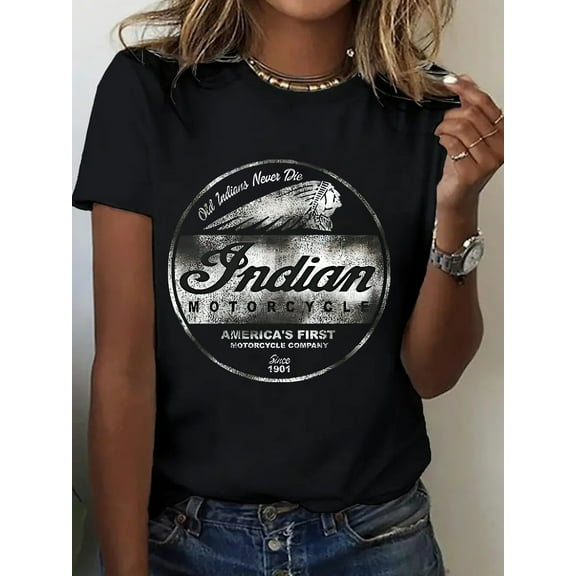 1pc, Women's Vintage Indian Motorcycle Logo T-Shirt, Casual Round Neck Short Sleeve Tee, 100%, Black, Graphic Print, All-Season Wear, Perfect for Outdoor Sports & Holiday Gifts