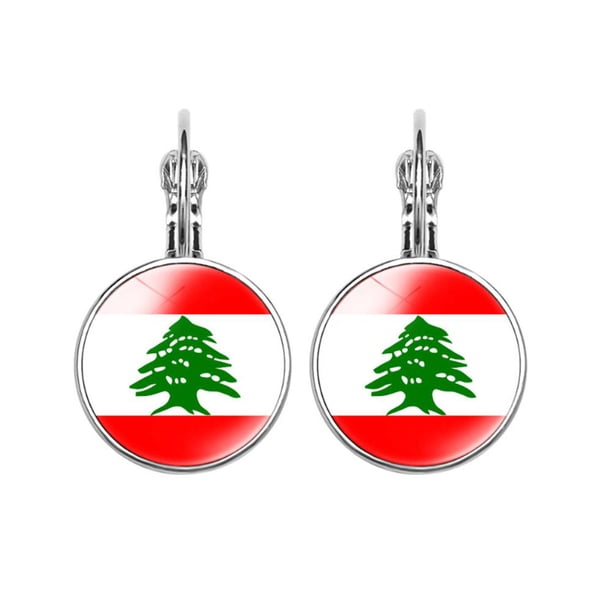 LUVCLS Pendientes con la bandera del Líbano, pendientes colgantes con la bandera del Líbano, pendientes de cedro del Líbano, colgante redondo con forma de árbol con la bandera del Líbano