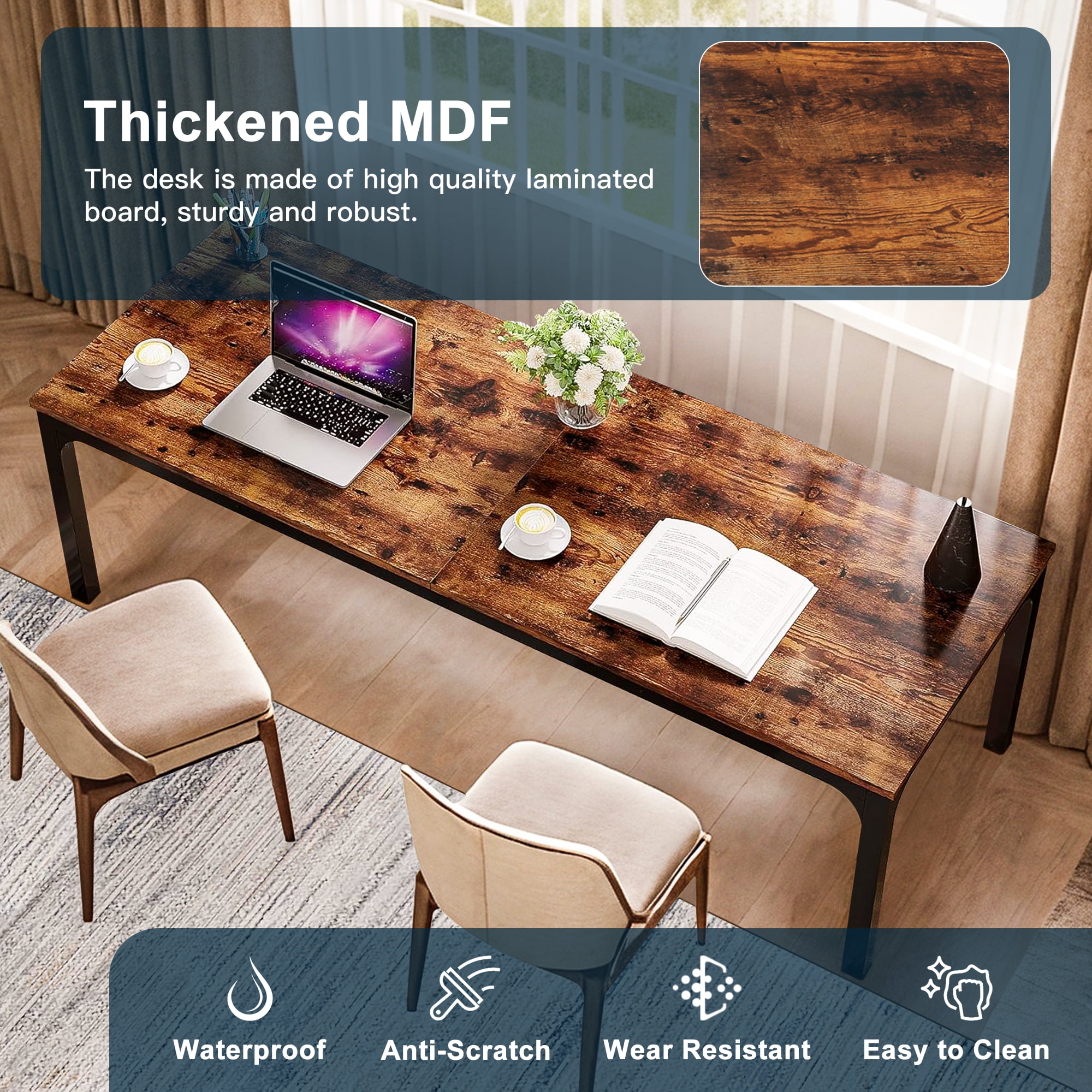 Demi Bonn 78" Farmhouse Dining Table, Wood Rustic Kitchen Table for 8 People, Large Rectangular Dinner Table for Dining Room, Home Office, Living Room Furniture, Rustic Brown