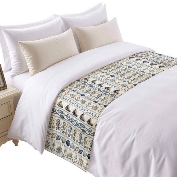 Ocean Nautical Bed Runner for Twin Size Bed, Vintage Blue Beige Seahorse Shell Anchor Boat Ropes Soft Bedding Scarf Bedding Protector Slipcover Sofa Throw for Bedroom Hotel Guesthouse