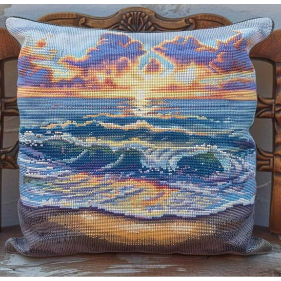 DIY Latch Hook Cushion Kits Beach Waves Latch Hook Kits Sunrise Scenery DIY Latch Hook Kitslatch Hook Embroidery Set Crochet Needlework Crafts with Latch Hook Tool  17x17 inches
