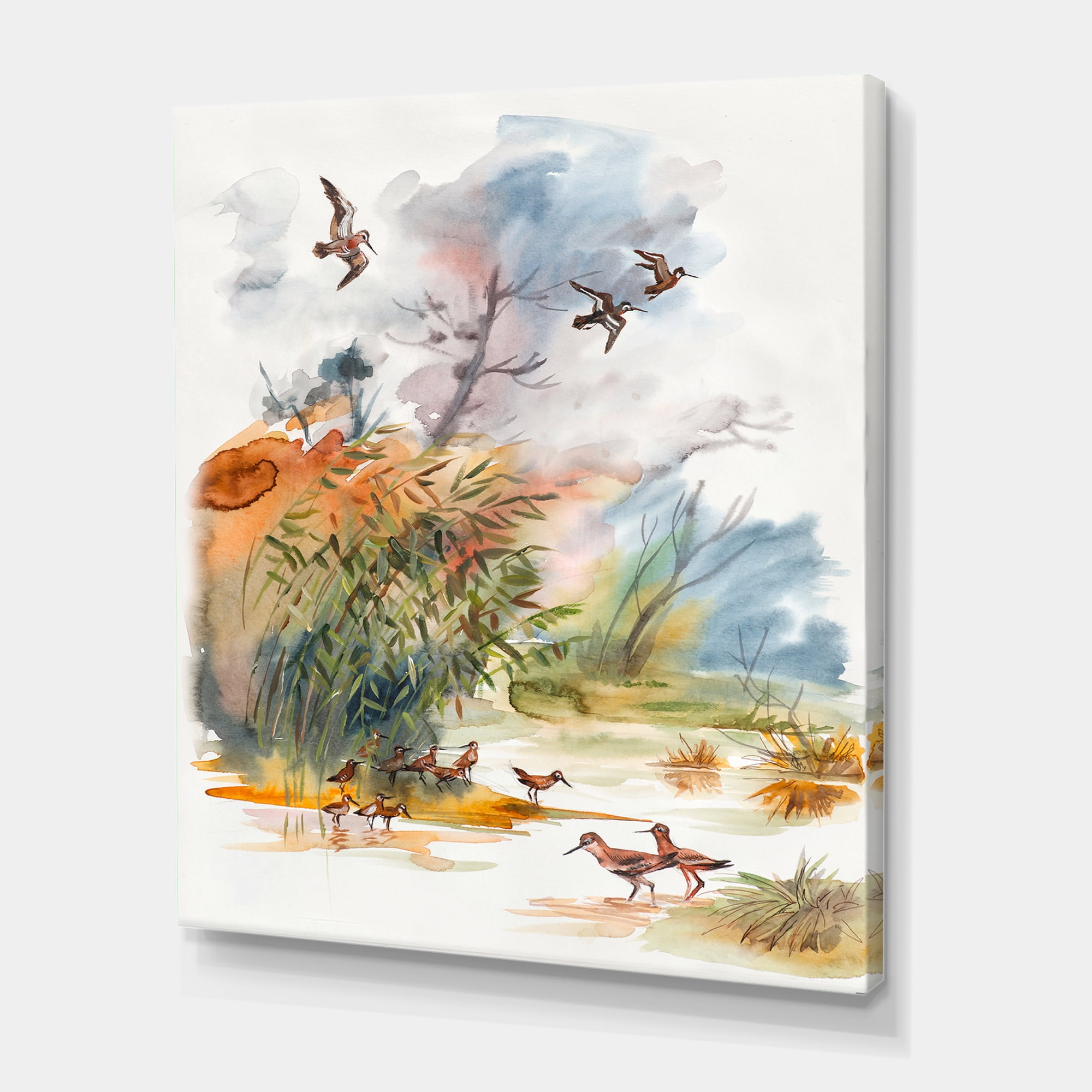 Designart ' Flying Over The Water With Autumn Landscape ' Traditional Canvas Wall Art Print