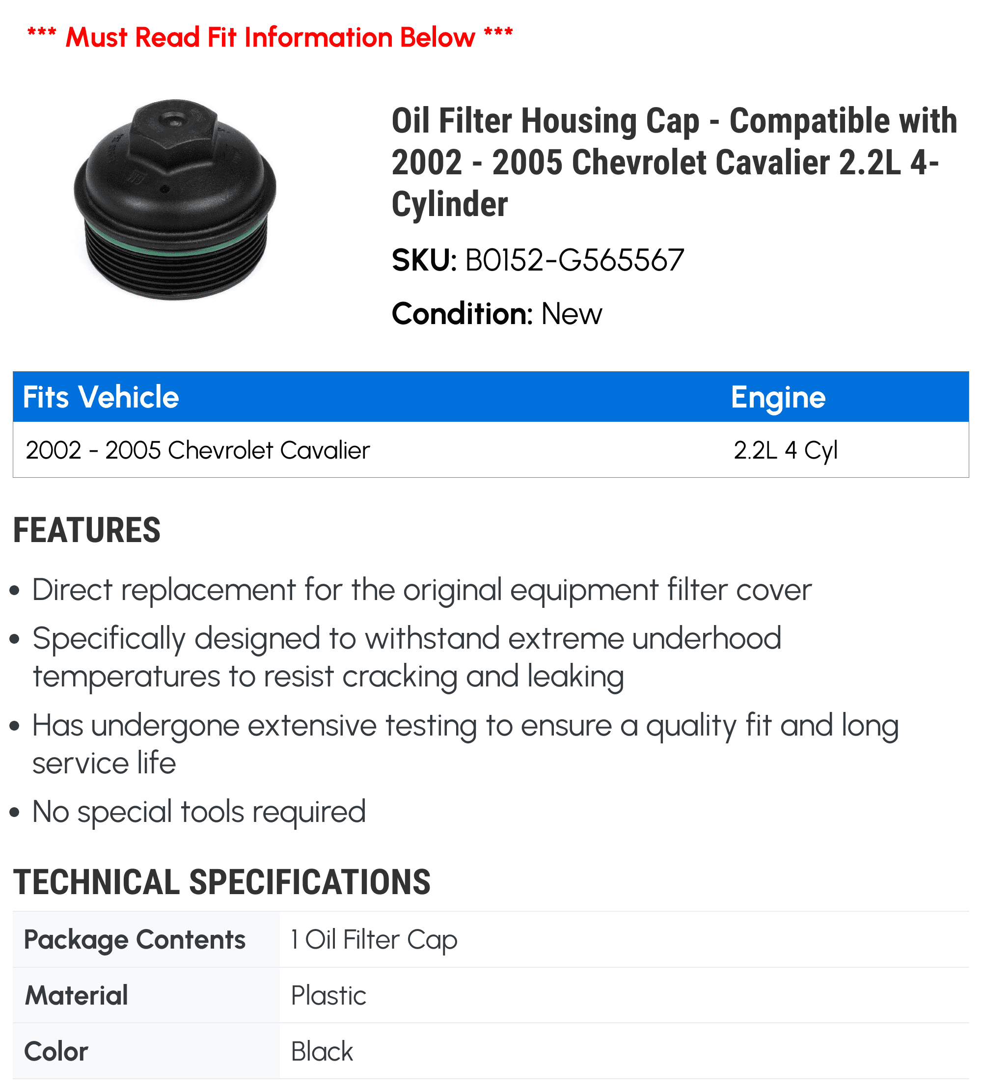 Oil Filter Housing Cap - Compatible with 2002 - 2005 Chevy Cavalier 2.2L 4-Cylinder 2003 2004